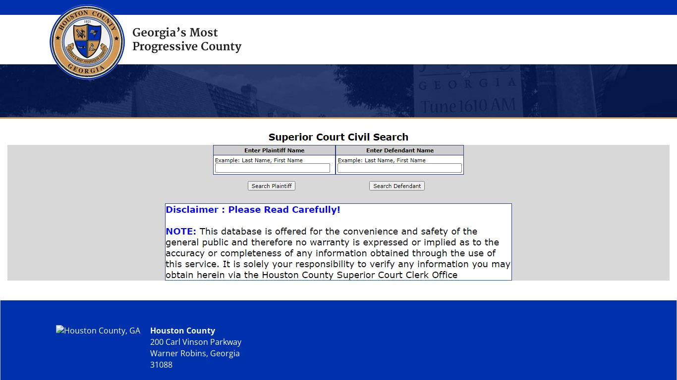 Defendant/Plaintiff Search - online.houstoncountyga.org:8011